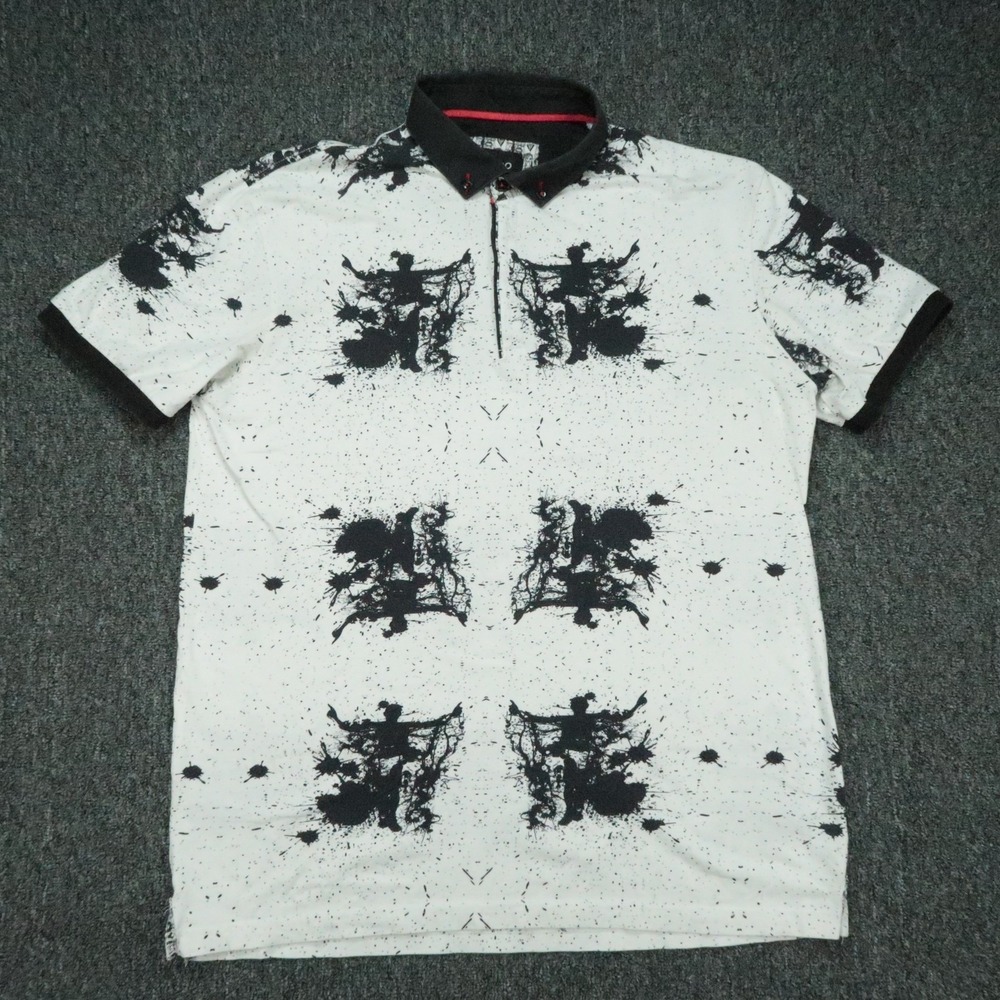 Maceoo Shirt Mens Large White Black Polo Short Sleeve All Over Print Splatter